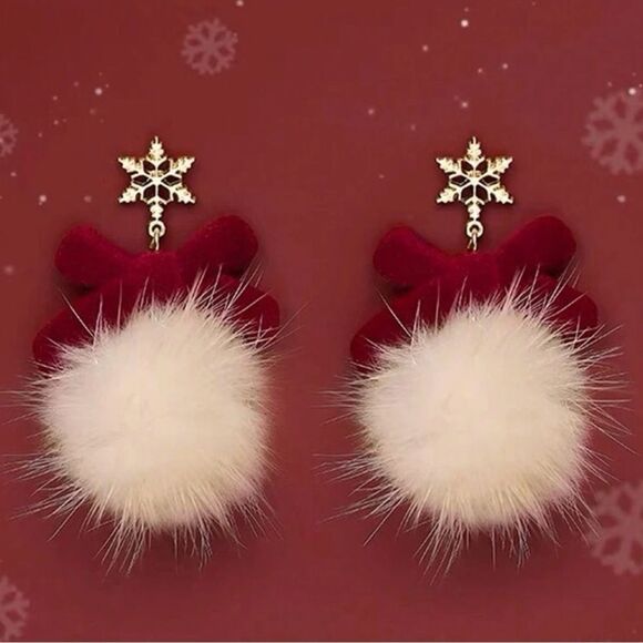 Holiday Christmas Vegan Fur Ball Red Bow Dangle Drop Earrings - Picture 8 of 8